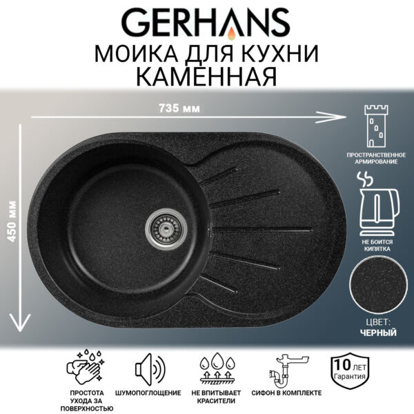 Мойка для кухни из искусственного камня GERHANS A02-22 Черная