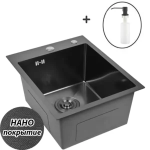 Кухонная мойка из нержавеющей стали рифленая WS34050BD WISENT (40х50 см) Нано-Графит PVD с дозатором и сифоном-ведерко