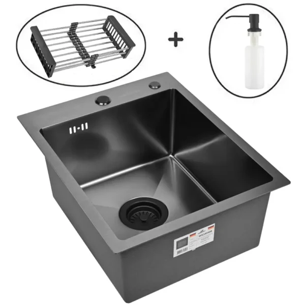 Кухонная мойка из нержавеющей стали WS34050B WISENT (40х50 см) Графит PVD с дозатором, коландером и итальянским сифоном