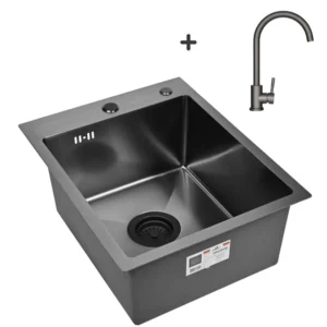 Кухонная мойка из нержавеющей стали WS34050B WISENT (40х50 см) Графит PVD со смесителем и итальянским сифоном