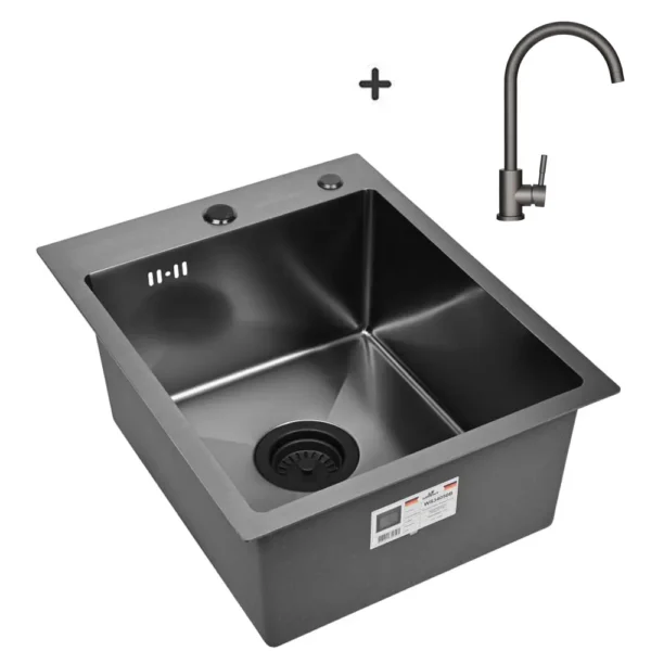 Кухонная мойка из нержавеющей стали WS34050B WISENT (40х50 см) Графит PVD со смесителем и итальянским сифоном