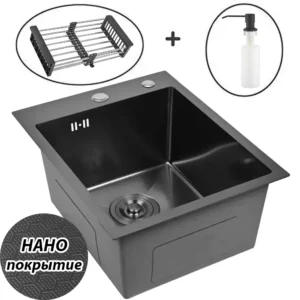 Кухонная мойка из нержавеющей стали рифленая WS34050BD WISENT (40х50 см) Нано-Графит PVD с коландером, дозатором и сифоном-ведерко