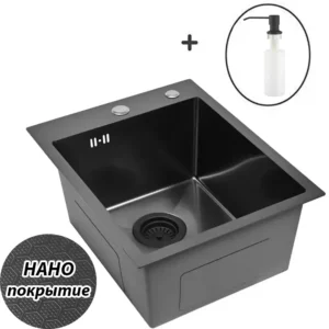 Кухонная мойка из нержавеющей стали рифленая WS34050BD WISENT (40х50 см) Нано-Графит PVD с дозатором и итальянским сифоном