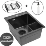Кухонная мойка из нержавеющей стали рифленая WS34050BD WISENT (40х50 см) Нано-Графит PVD с коландером,дозатором и итальянским сифоном