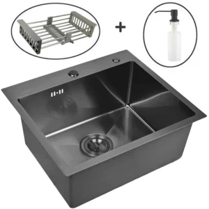 Кухонная мойка из нержавеющей стали WS35040B WISENT (50х40 см) Графит PVD с дозатором, коландером и сифоном-ведерко
