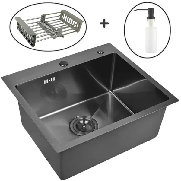 Кухонная мойка из нержавеющей стали WS35040B WISENT (50х40 см) Графит PVD с дозатором, коландером и сифоном-ведерко