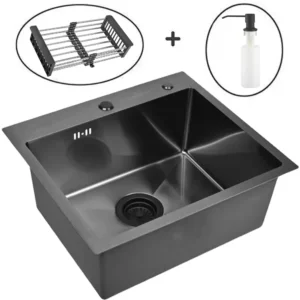 Кухонная мойка из нержавеющей стали WS35040B WISENT (50х40 см) Графит PVD с коландером, дозатором и итальянским сифоном
