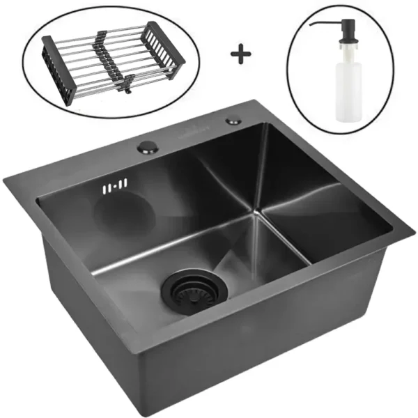 Кухонная мойка из нержавеющей стали WS35040B WISENT (50х40 см) Графит PVD с коландером, дозатором и итальянским сифоном