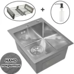 Кухонная мойка из нержавеющей стали рифленая WS34050D WISENT (40х50 см) Нано-Сатин PVD с дозатором и сифоном-ведерко
