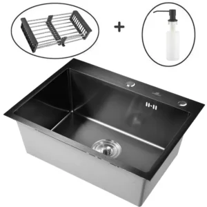 Кухонная мойка из нержавеющей стали WS36050B WISENT (60х50 см) Графит PVD с коландером, дозатором и сифоном-ведерко