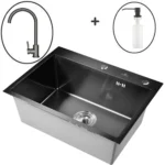 Кухонная мойка из нержавеющей стали WS36050B WISENT (60х50 см) Графит PVD со смесителем, дозатором и сифоном-ведерко