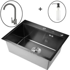 Кухонная мойка из нержавеющей стали WS36050B WISENT (60х50 см) Графит PVD со смесителем, дозатором и сифоном-ведерко