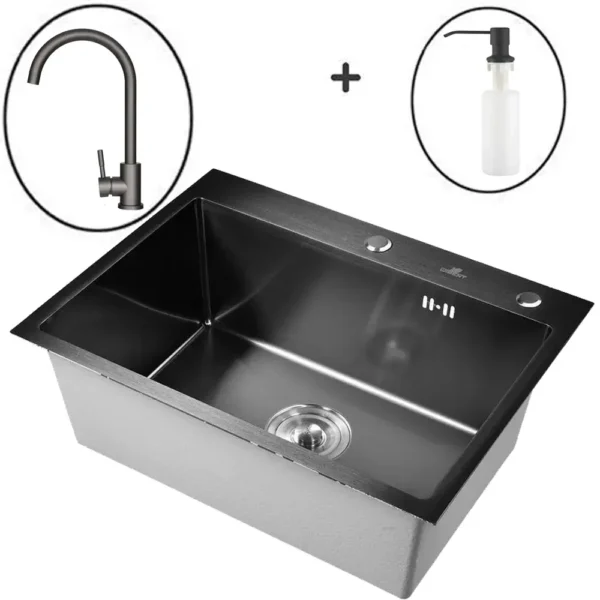 Кухонная мойка из нержавеющей стали WS36050B WISENT (60х50 см) Графит PVD со смесителем, дозатором и сифоном-ведерко