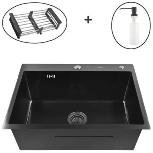 Кухонная мойка из нержавеющей стали WS36050B WISENT (60х50 см) Графит PVD с коландером, дозатором и итальянским сифоном