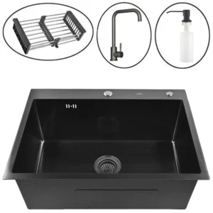 Кухонная мойка из нержавеющей стали WS36050B WISENT (60х50 см) Графит PVD с смесителем, коландером, дозатором и итальянским сифоном