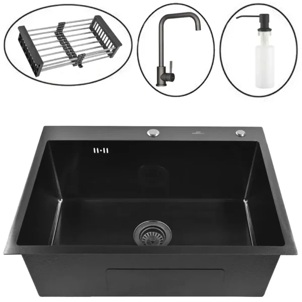 Кухонная мойка из нержавеющей стали WS36050B WISENT (60х50 см) Графит PVD с смесителем, коландером, дозатором и итальянским сифоном