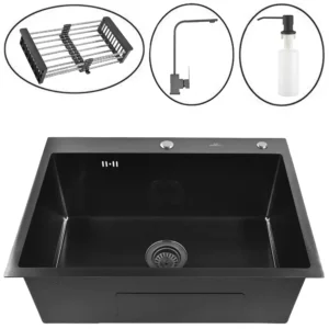 Кухонная мойка из нержавеющей стали WS36050B WISENT (60х50 см) Графит PVD с смесителем, коландером, дозатором и итальянским сифоном