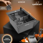 Кухонная мойка из нержавеющей стали рифленая WS34050BD WISENT (40х50 см) Нано-Графит PVD с коландером, дозатором и сифоном-ведерко