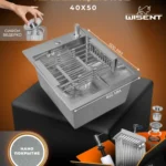Кухонная мойка из нержавеющей стали рифленая WS34050D WISENT (40х50 см) Нано-Сатин PVD с коландером, дозатором и итальянским сифоном