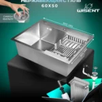 Кухонная мойка из нержавеющей стали WS36050 WISENT (60х50 см) Сатин с коландером, дозатором и итальянским сифоном