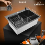 Кухонная мойка из нержавеющей стали WS36050B WISENT (60х50 см) Графит PVD с коландером, дозатором и сифоном-ведерко