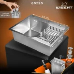 Кухонная мойка из нержавеющей стали WS36050 WISENT (60х50 см) Сатин с коландером, дозатором и сифоном-ведерко
