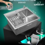Кухонная мойка из нержавеющей стали WS35040 WISENT (50х40 см) Сатин с коландером, дозатором и итальянским сифоном