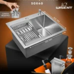 Кухонная мойка из нержавеющей стали WS35040 WISENT (50х40 см) Сатин с коландером, дозатором и сифоном-ведерко