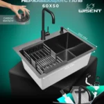 Кухонная мойка из нержавеющей стали WS36050B WISENT (60х50 см) Графит PVD с смесителем, коландером, дозатором и итальянским сифоном