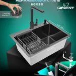 Кухонная мойка из нержавеющей стали WS36050B WISENT (60х50 см) Графит PVD с смесителем, коландером, дозатором и итальянским сифоном