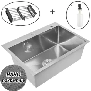 Кухонная мойка из нержавеющей стали WS36050BD WISENT (60х50 см) Нано-Сатин PVD с коландером, дозатором и сифоном-ведерко