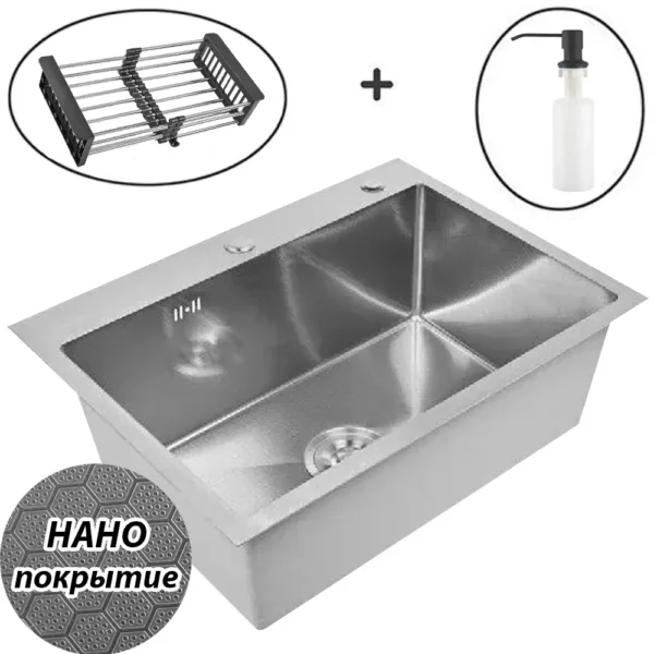 Кухонная мойка из нержавеющей стали WS36050BD WISENT (60х50 см) Нано-Сатин PVD с коландером, дозатором и сифоном-ведерко