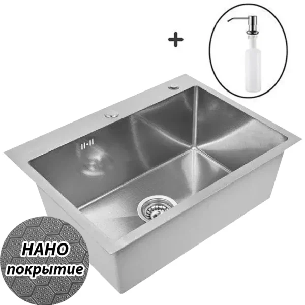 Кухонная мойка из нержавеющей стали WS36050BD WISENT (60х50 см) Нано-Сатин PVD с дозатором и итальянским сифоном
