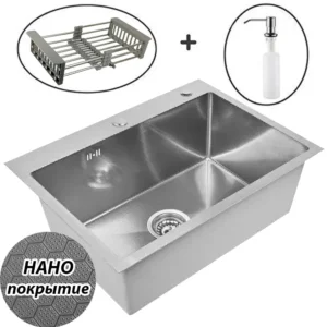 Кухонная мойка из нержавеющей стали WS36050BD WISENT (60х50 см) Нано-Сатин PVD с коландером, дозатором и итальянским сифоном