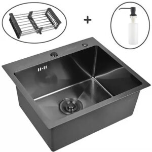 Кухонная мойка из нержавеющей стали WS35044B WISENT (50х44 см) Графит PVD с дозатором, коландером и сифоном-ведерко