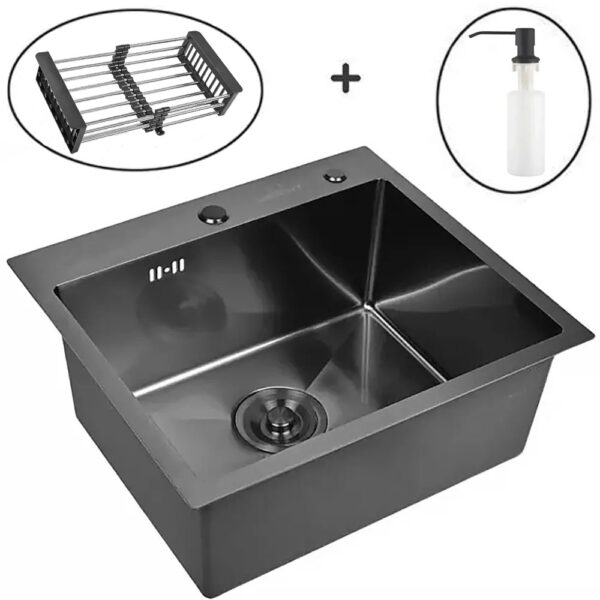 Кухонная мойка из нержавеющей стали WS35044B WISENT (50х44 см) Графит PVD с дозатором, коландером и сифоном-ведерко