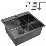 Кухонная мойка из нержавеющей стали WS35044B WISENT (50х44 см) Графит PVD со смесителем W4355-3-U, коландером, дозатором и сифоном-ведерко