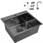Кухонная мойка из нержавеющей стали WS35044B WISENT (50х44 см) Графит PVD со смесителем W4998-4-U, коландером, дозатором и сифоном-ведерко