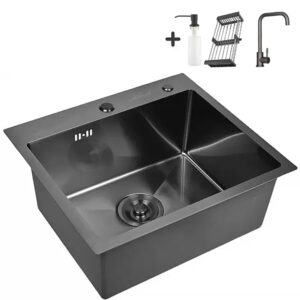 Кухонная мойка из нержавеющей стали WS35044B WISENT (50х44 см) Графит PVD со смесителем W4998-4-U, коландером, дозатором и сифоном-ведерко