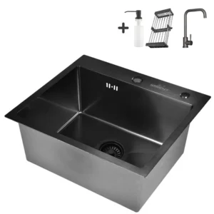 Кухонная мойка из нержавеющей стали WS35044B WISENT (50х44 см) Графит PVD со смесителем W4998-4-U, коландером, дозатором и итальянским сифоном