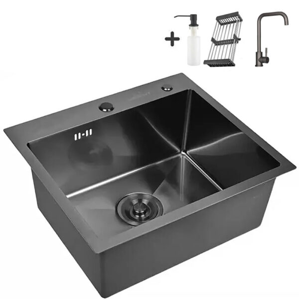 Кухонная мойка из нержавеющей стали WS35044B WISENT (50х44 см) Графит PVD со смесителем W4998-4-U, коландером, дозатором и сифоном-ведерко