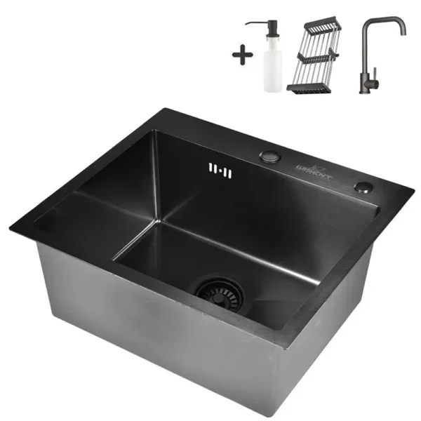 Кухонная мойка из нержавеющей стали WS35044B WISENT (50х44 см) Графит PVD со смесителем W4998-4-U, коландером, дозатором и итальянским сифоном