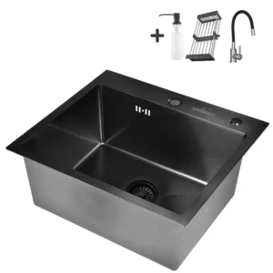 Кухонная мойка из нержавеющей стали WS35044B WISENT (50х44 см) Графит PVD со смесителем W74004-02, коландером, дозатором и итальянским сифоном