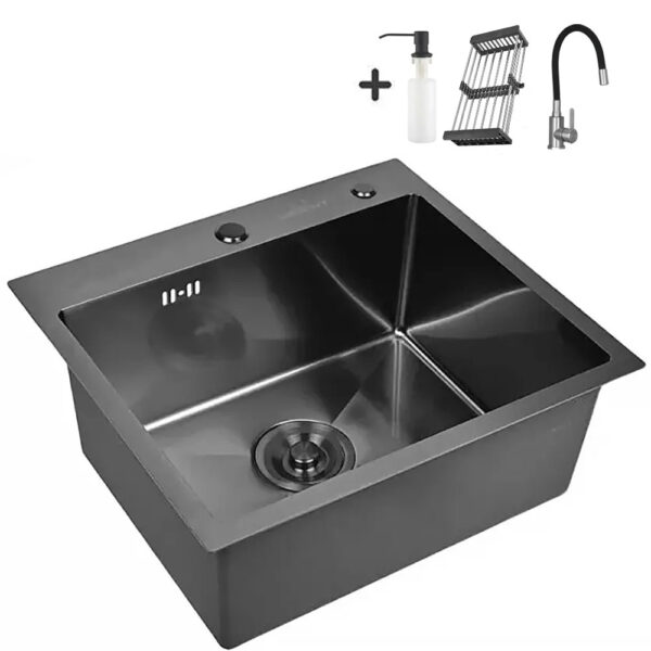 Кухонная мойка из нержавеющей стали WS35044B WISENT (50х44 см) Графит PVD со смесителем W74004-02, коландером, дозатором и сифоном-ведерко