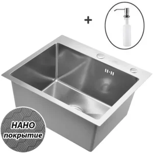 Кухонная мойка из нержавеющей стали WS35044D WISENT (50х44 см) Нано-Сатин PVD с дозатором и сифоном-ведерко