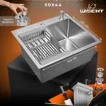 Кухонная мойка из нержавеющей стали WS35044 WISENT (50х44 см) Сатин с коландером, дозатором и сифоном-ведерко