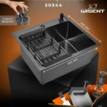 Кухонная мойка из нержавеющей стали WS35044B WISENT (50х44 см) Графит PVD с дозатором, коландером и сифоном-ведерко