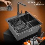 Кухонная мойка из нержавеющей стали WS35044B WISENT (50х44 см) Графит PVD со смесителем WP49-098-6-U, коландером, дозатором и сифоном-ведерко