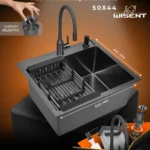 Кухонная мойка из нержавеющей стали WS35044B WISENT (50х44 см) Графит PVD со смесителем W74004-02, коландером, дозатором и сифоном-ведерко