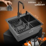 Кухонная мойка из нержавеющей стали WS35044B WISENT (50х44 см) Графит PVD со смесителем W4998-4-U, коландером, дозатором и сифоном-ведерко